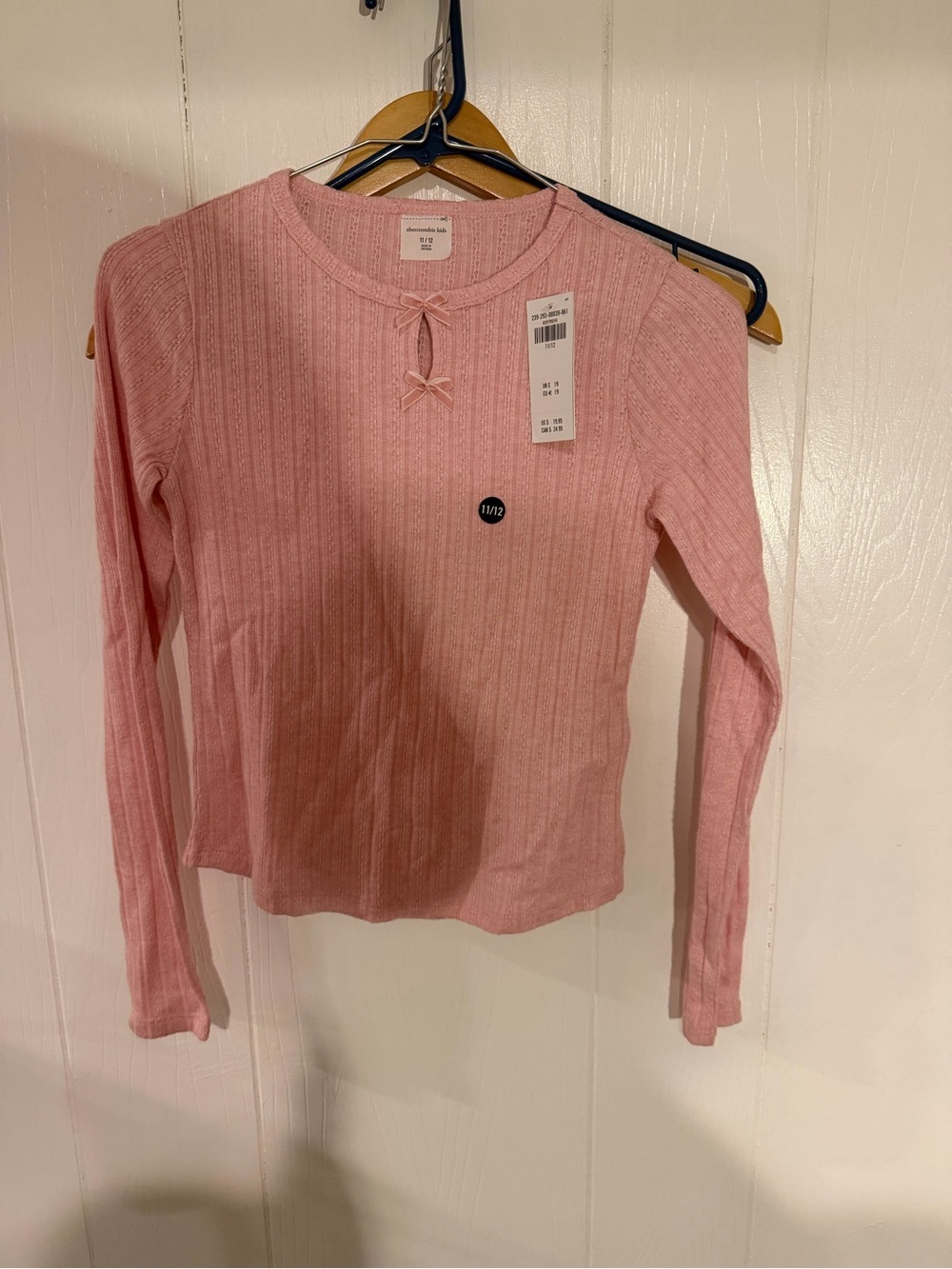 Abercrombie & Fitch Light Pink Ribbed Long Sleeve Top with Bow Accent